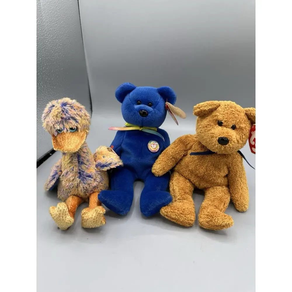TY Beanie Baby Plush Lot 3 Bears Duck Fuzzy Club Blue Brown With Tags